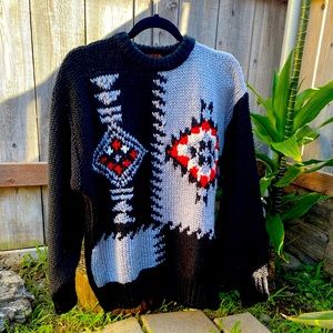 Vintage 80’s Oakton Geometric Pattern Heavy Knit Ski Sweater Black Gray Red